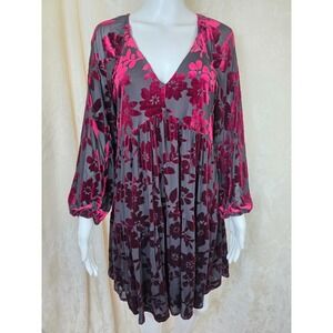 Taylor Burnout Velvet Floral Mini‎ Dress Burgundy Grey V-Neck Tiered Babydoll 10